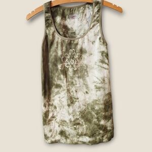 ATHLETA Olive Green Tie Dye Bleach Floral Graphic Stretch Workout Tank Top Sz M